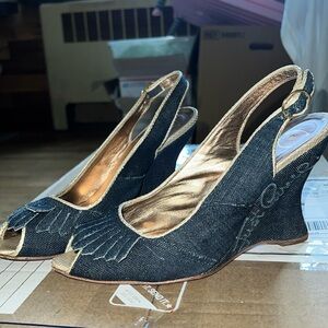 Vintage Just Cavalli Denim Wedge Slingbacks y2k
